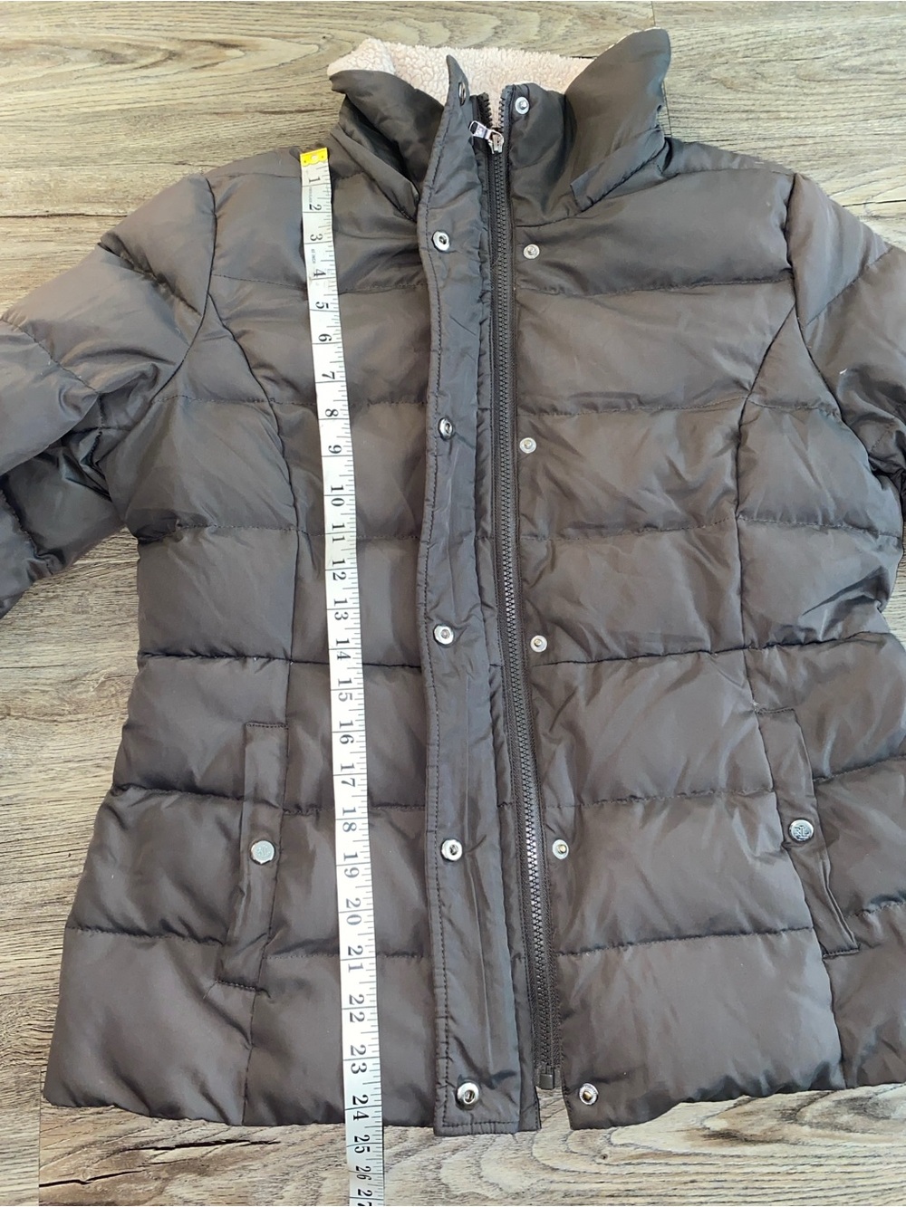 Lauren Ralph Lauren Taupe Puffer Jacket with Cream Sherpa Collar - Picture 5 of 8